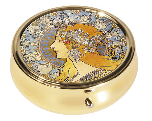 Pill box, round, Art Nouveau, Zodiac