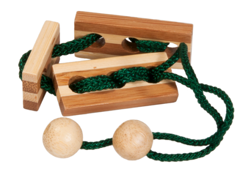 IQ-Test, bamboo string puzzle "green", in a metal box