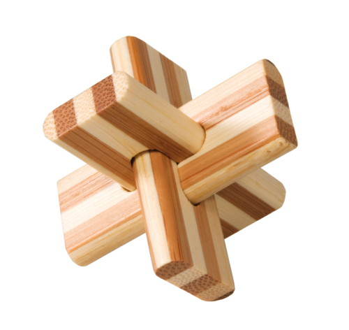 Bamboo puzzle, „Cross“, IQ test, in box made of metal