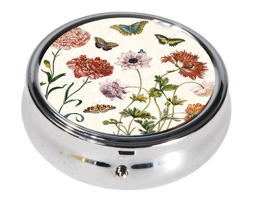 Pill box, round, Maria Sibylla Merian, Flowers and Butterflies